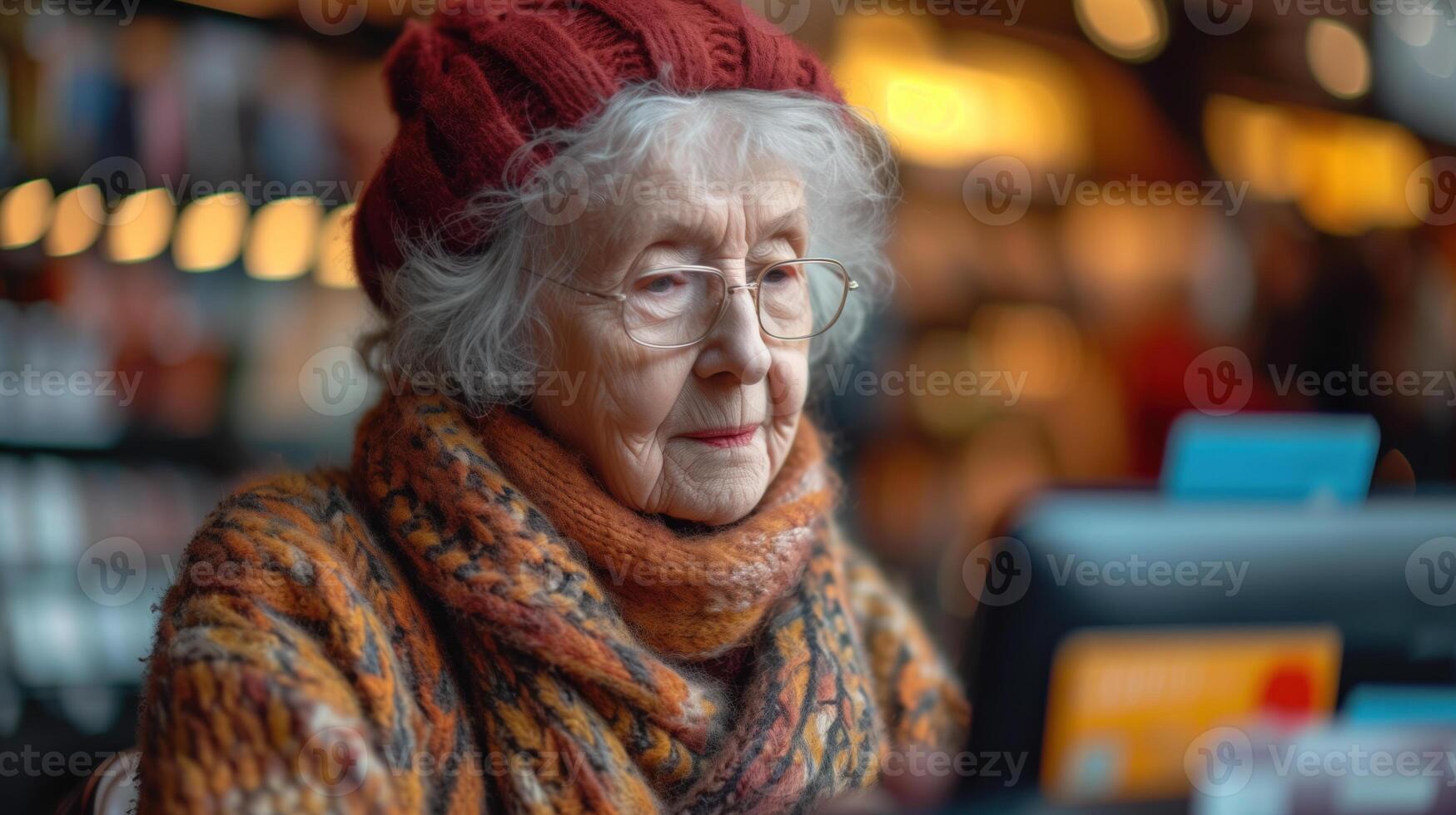 Senior lady with glasses using a credit card machine. photo