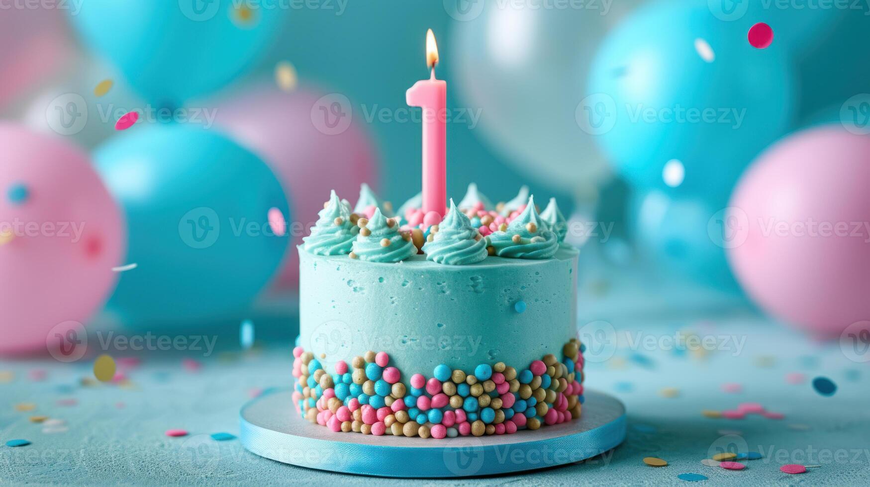 Blue frosted birthday cake with a single candle, surrounded by colorful balloons and confetti. photo