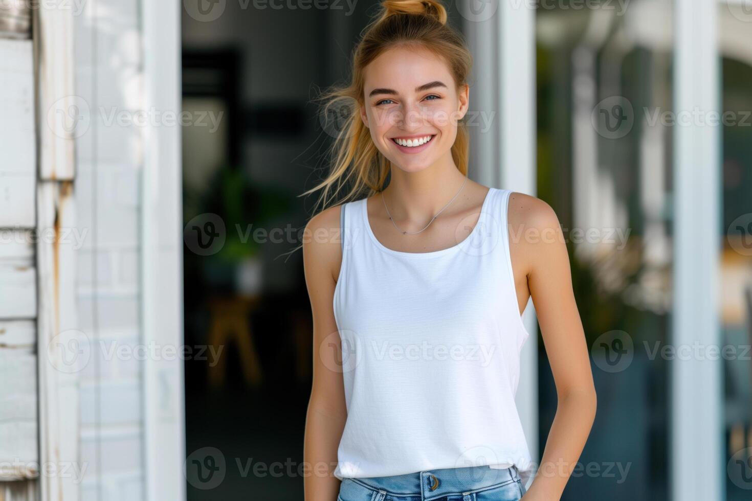 Cheerful young woman with blonde bun wearing a white tank top and jeans outside a modern home photo
