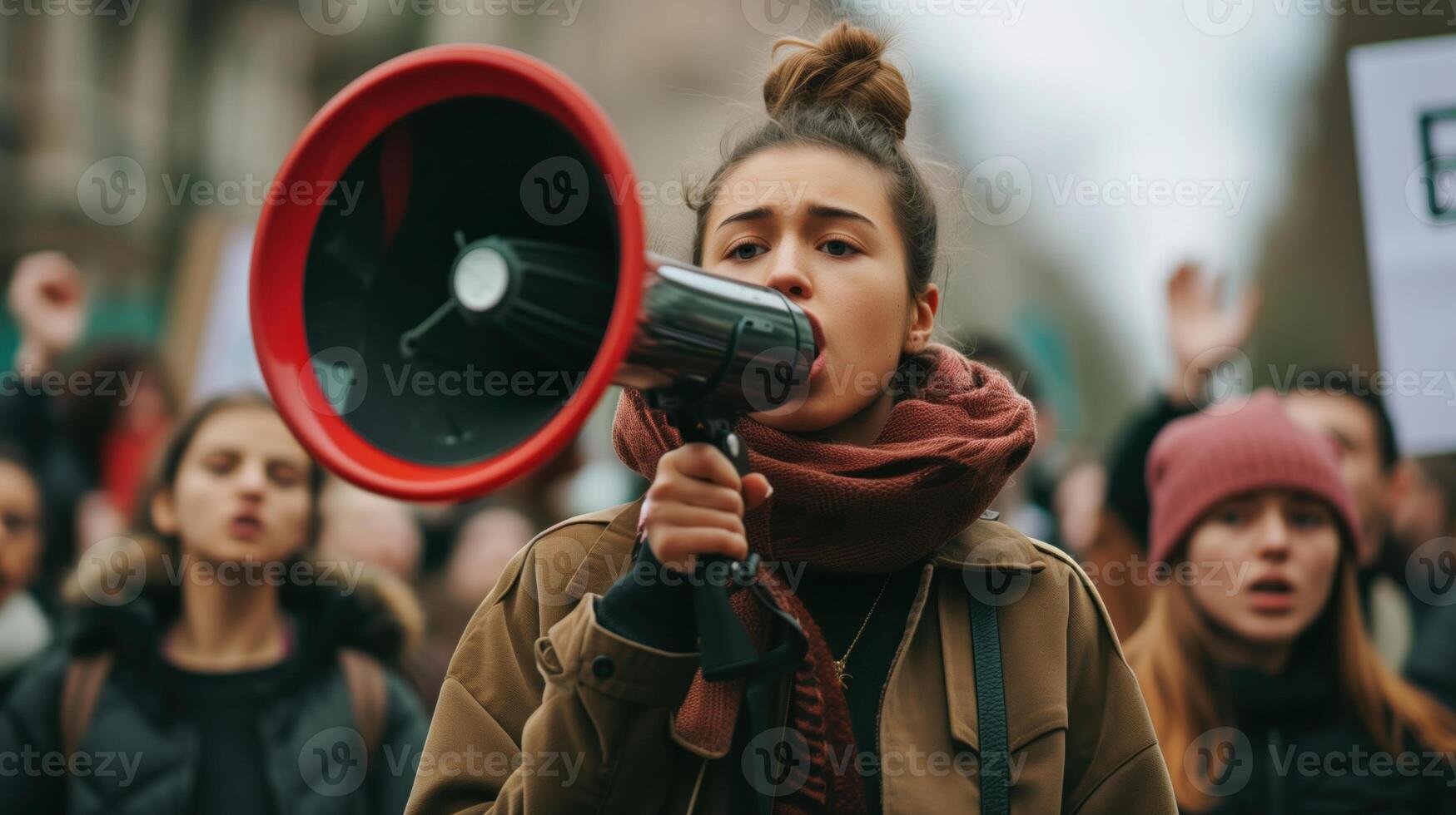 Young Female Activist Leading Protest with Megaphone photo