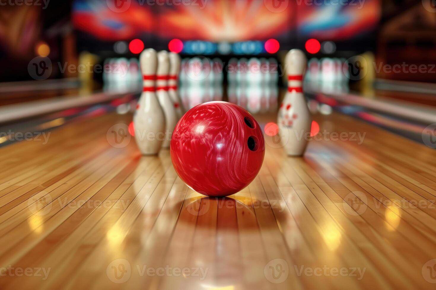 Red bowling ball on the verge of hitting pins at the end of an alley. photo