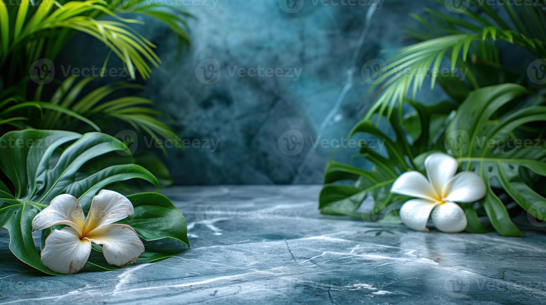 tranquilo spa ambiente con plumeria flores y lozano verdor en mármol. foto