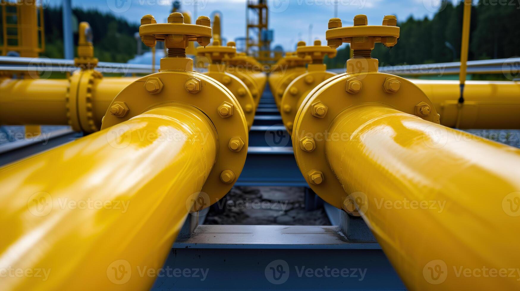 Industrial Yellow Gas Pipeline with Valves and Fittings. photo