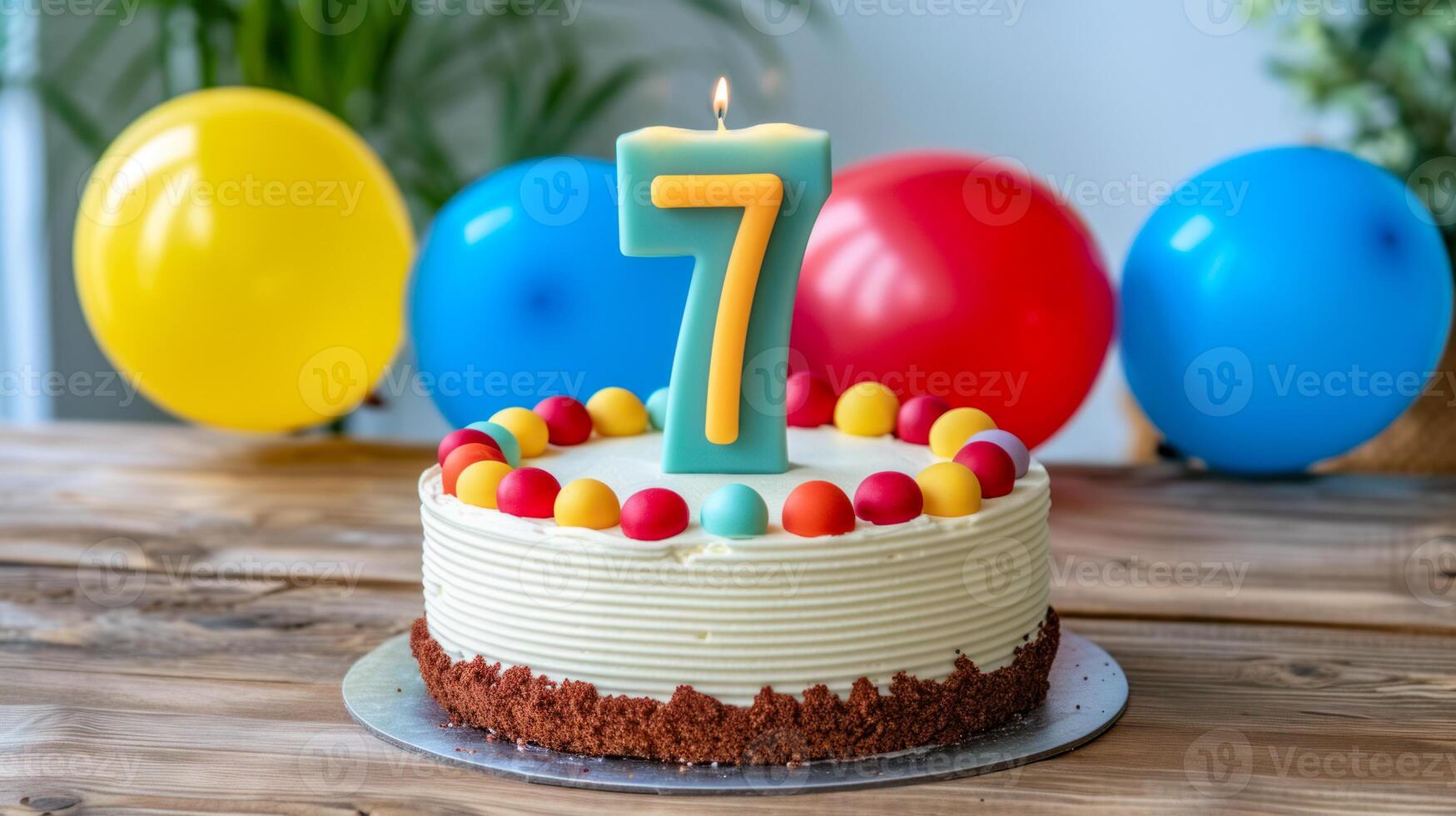 Seventh Birthday Celebration Cake with Colorful Balloons and Number Seven Candle. photo