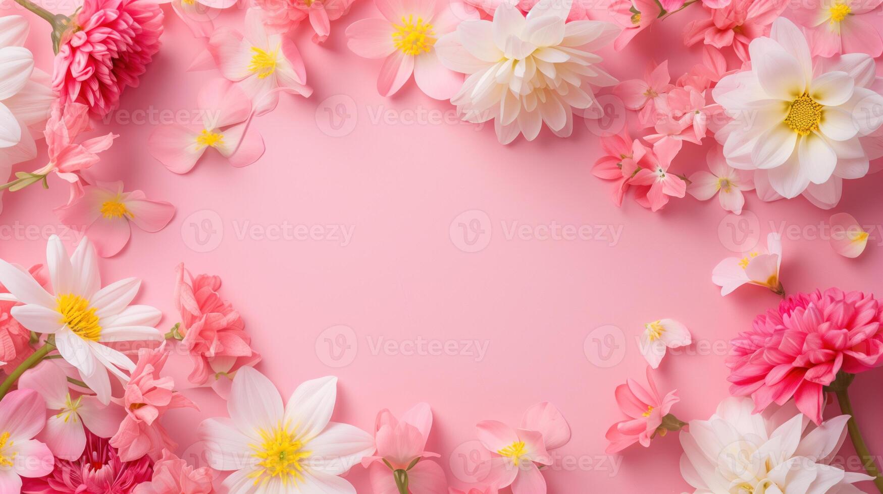 Bright spring flowers arranged on a pink backdrop with space for text. photo