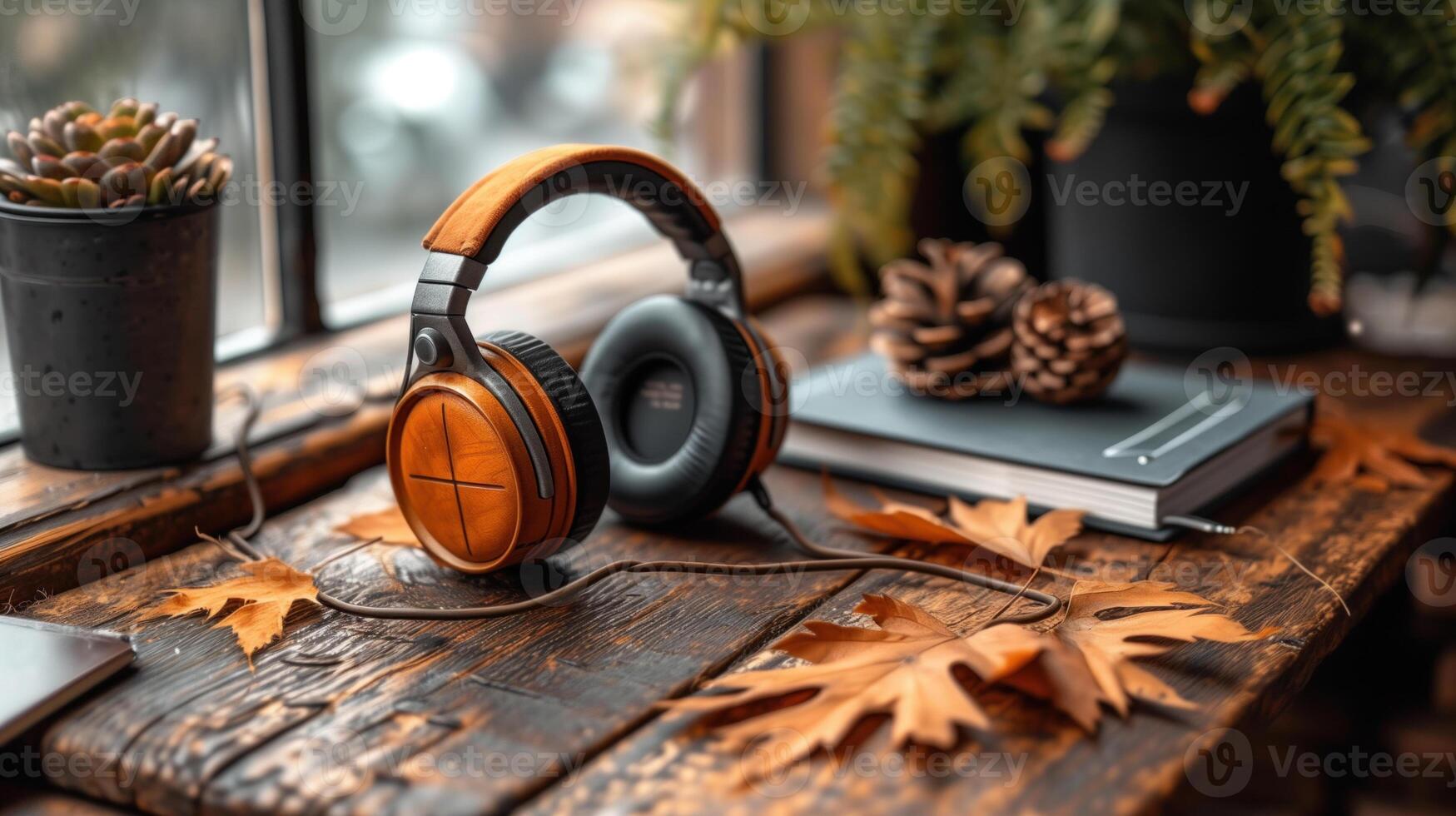 Cozy Autumn Vibes with Stylish Headphones and Warm Decor. photo