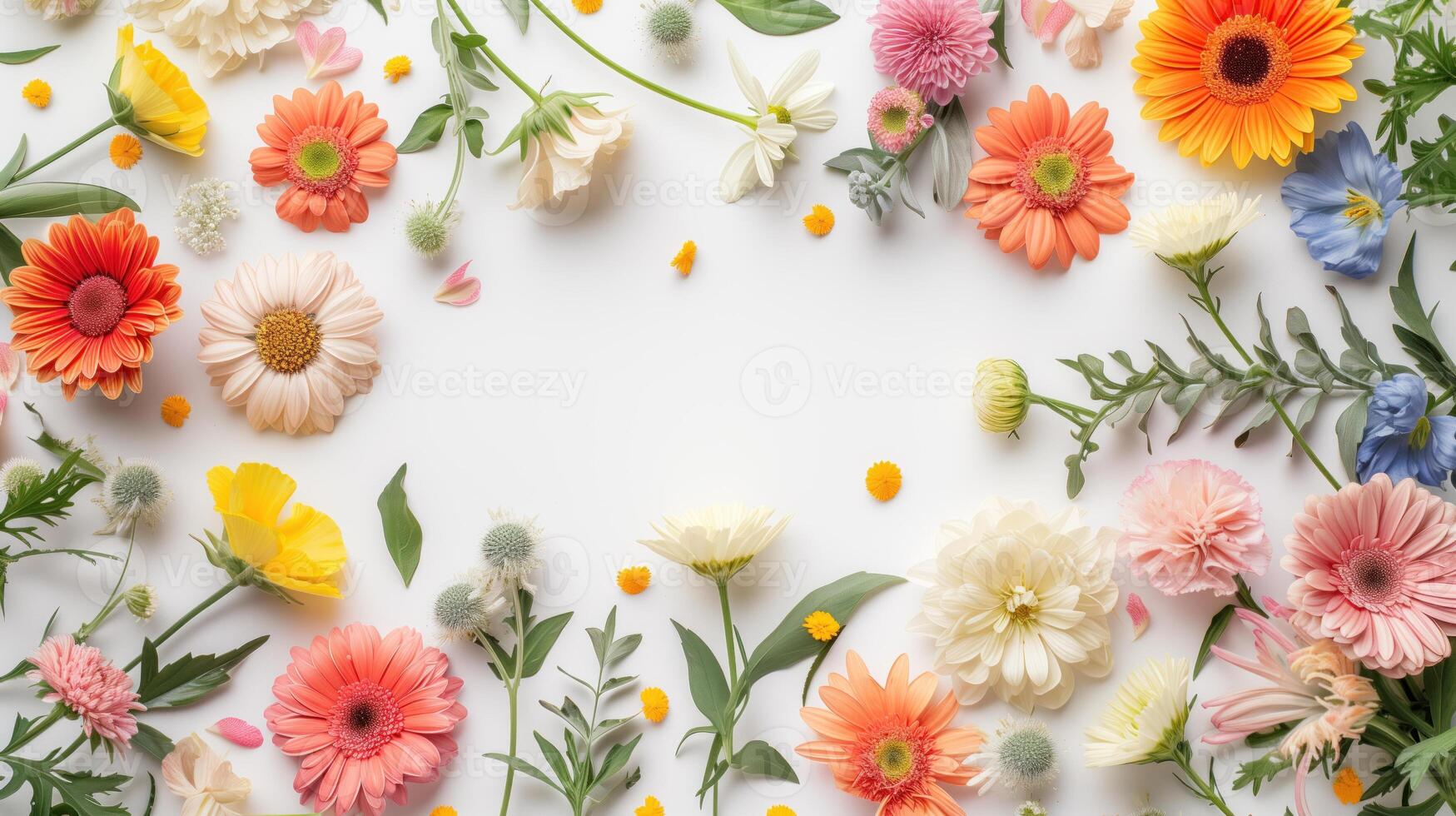 Top-down array of colorful spring flowers on white background. photo