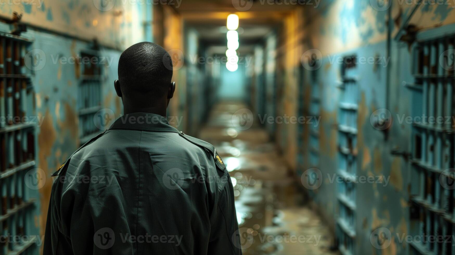 Solemn Correctional Officer Patrolling Prison Hallway. photo