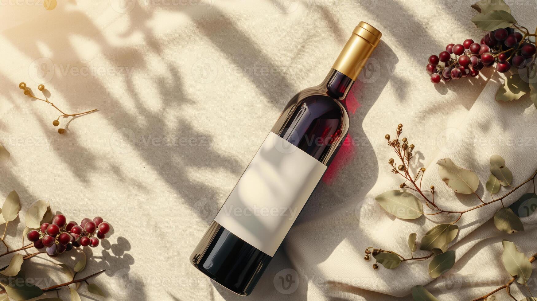 Flat lay of a red wine bottle with blank label surrounded by eucalyptus and berries in natural sunlight. photo