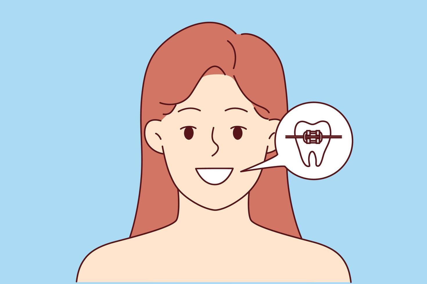 Woman with dental braces shows beautiful smile obtained thanks to trip to dentist or orthodontist vector