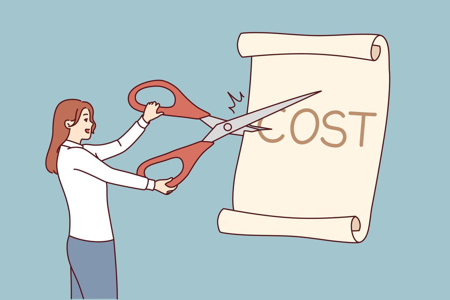 Businesswoman reduces cost to get more income and invest, cuts paper with scissors vector