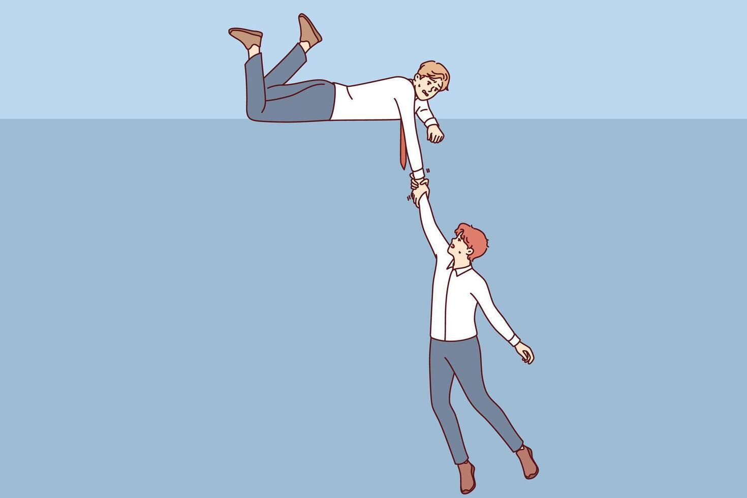 Business man extends helping hand to colleague who is falling into abyss, showing support vector