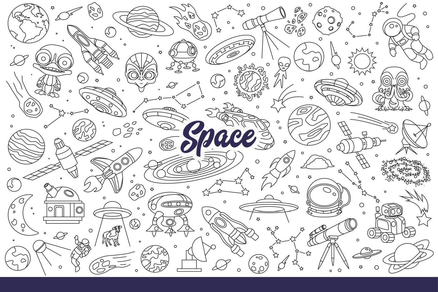 Space crafts and rockets roaming galaxy in search aliens from different planets. Hand drawn doodle vector