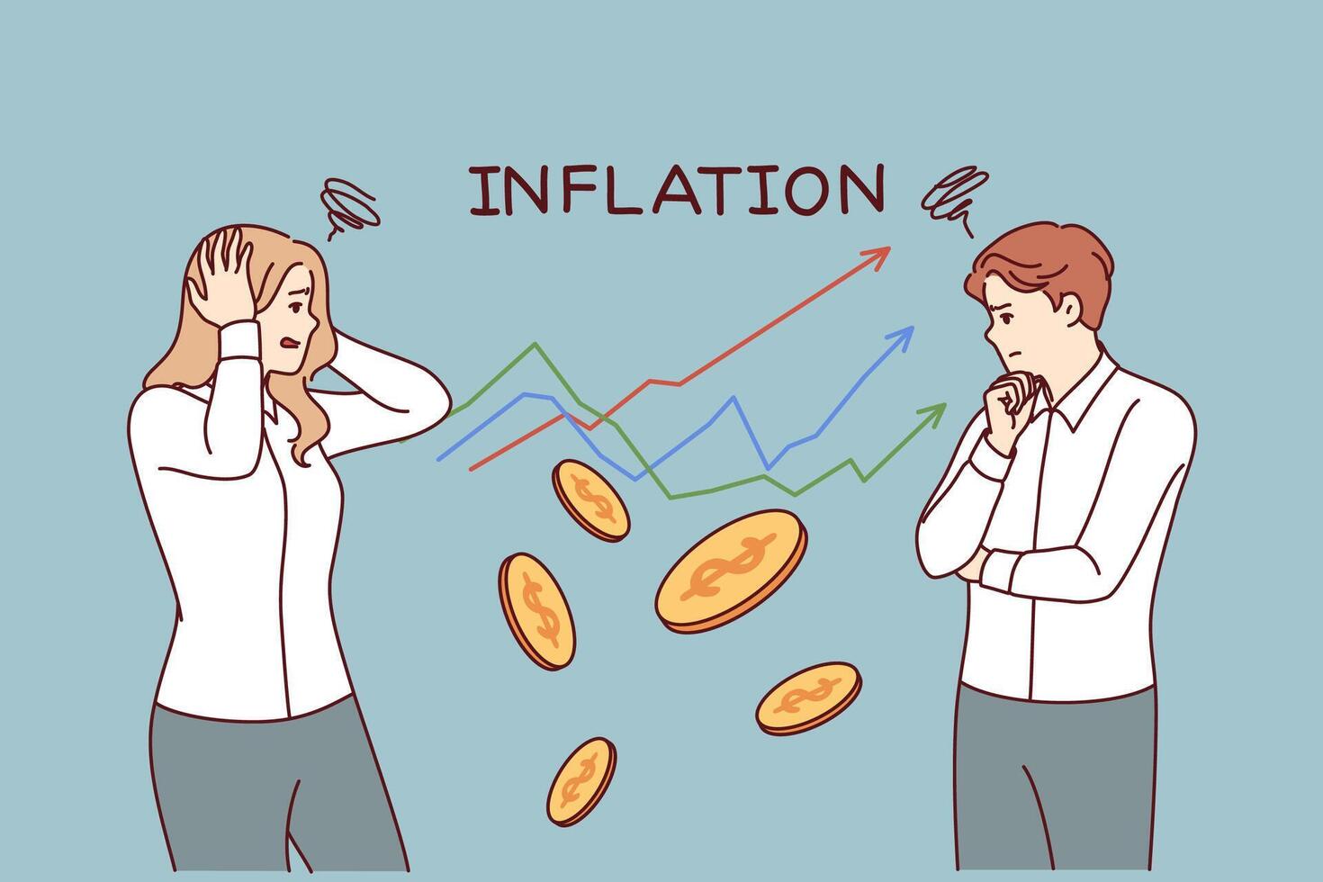 Inflation chart near business people suffering from depreciation of money and in need subsidies vector