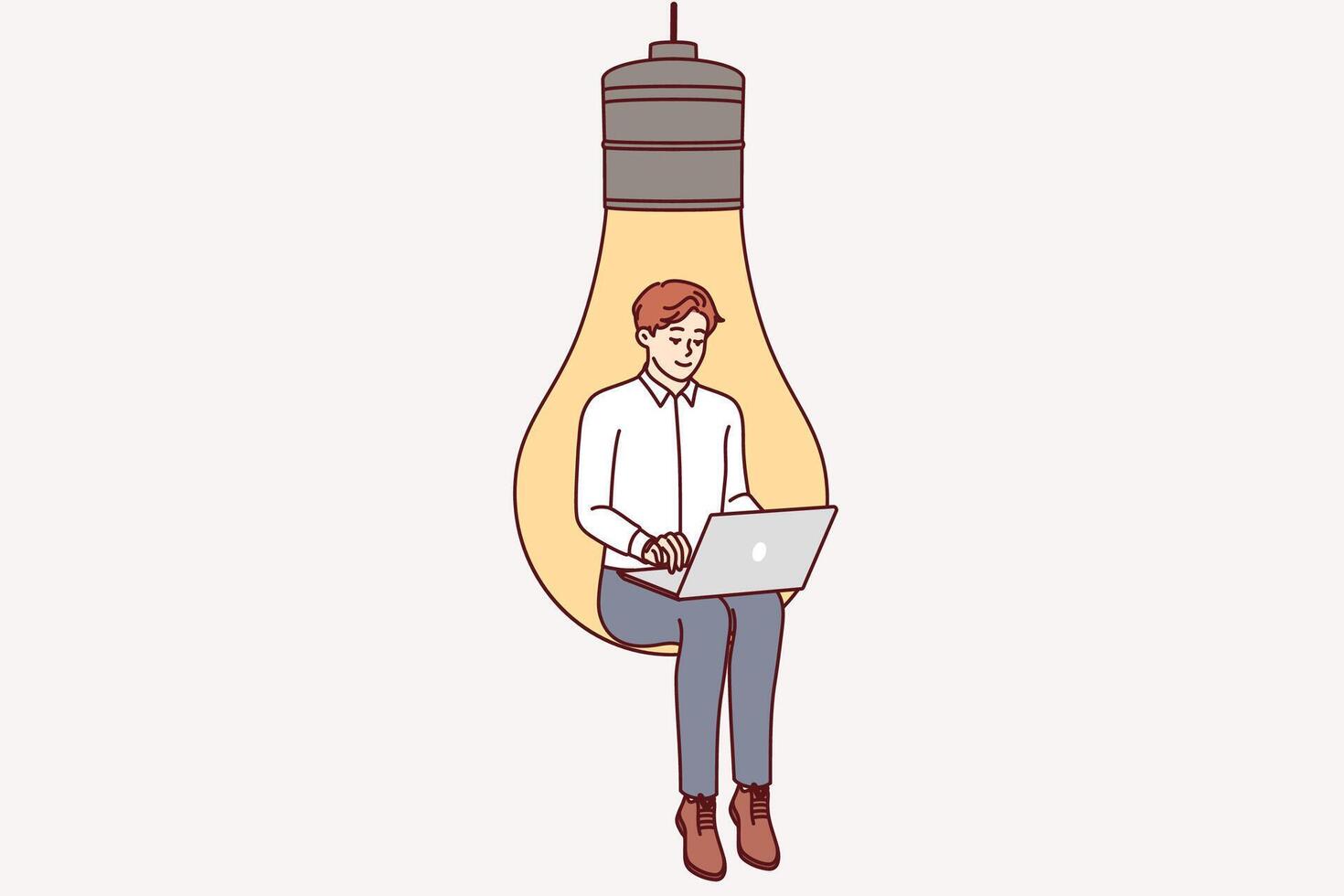 Man inventor with laptop sits in light bulb, symbolizing inspiration for coming up with ideas vector