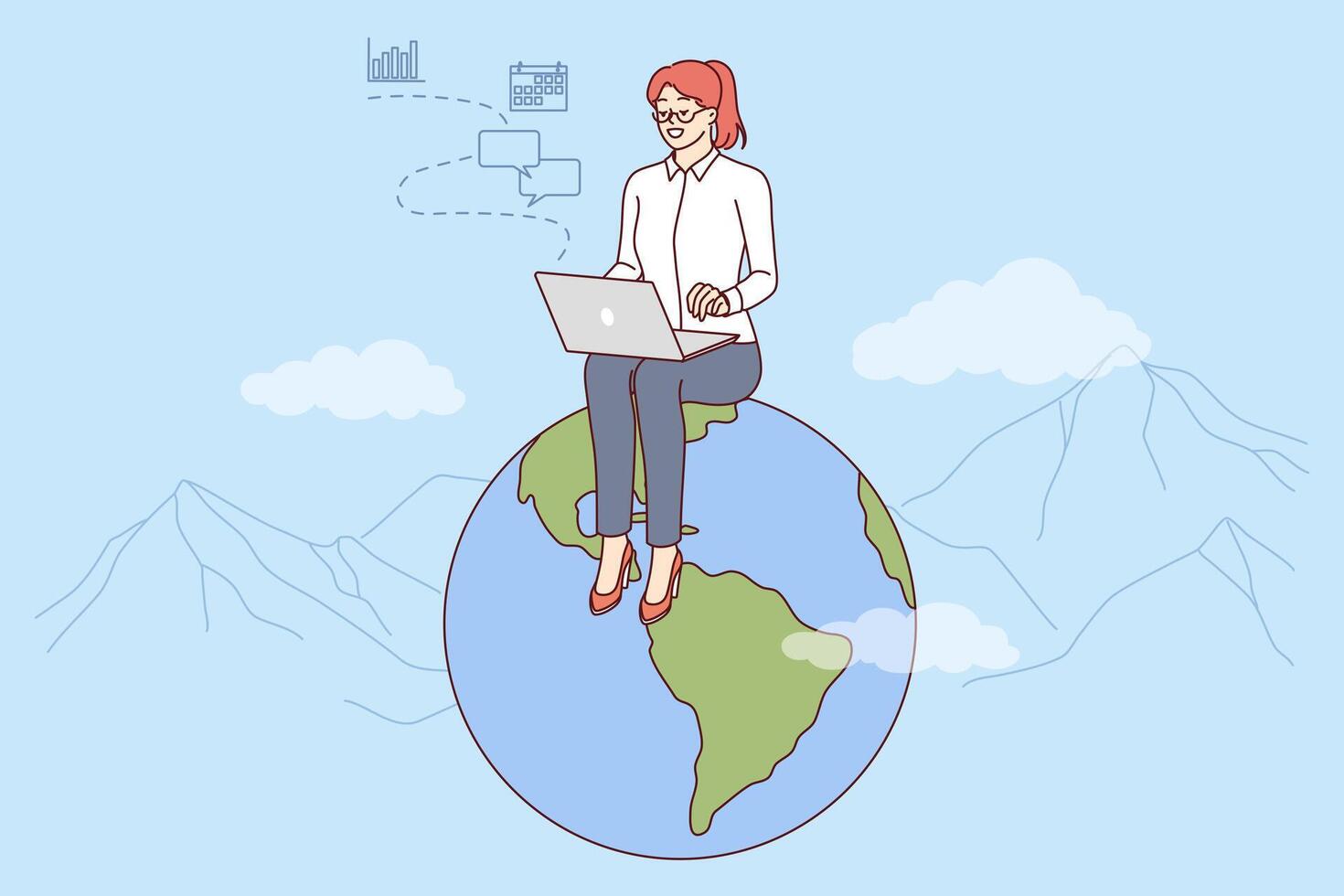 Woman freelancer works for international company via internet, sits on globe with laptop on lap vector