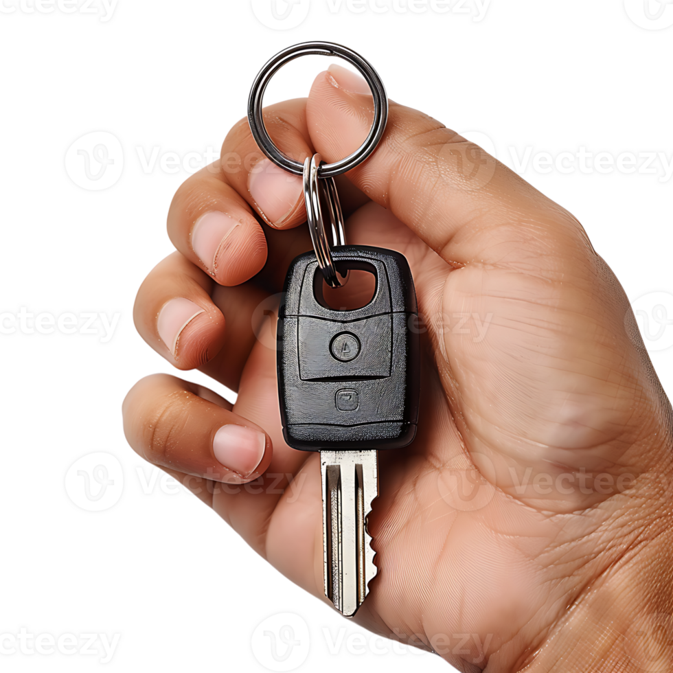 Hand holding car key on isolated transparent background png