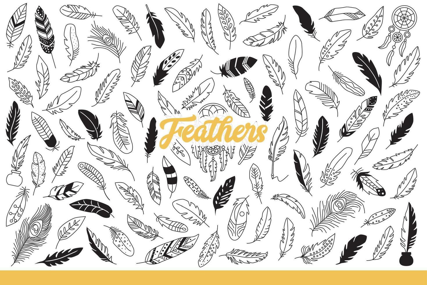 Light feathers of different birds for decorating clothes or using instead pen. Hand drawn doodle. vector