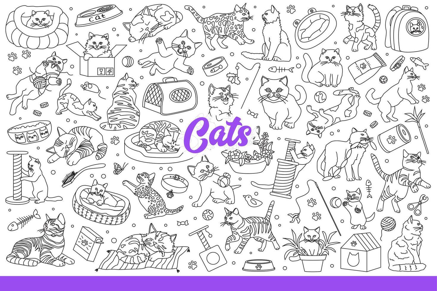 Domestic cats have fun with favorite toys or sleep on beds and sharpen claws. Hand drawn doodle. vector