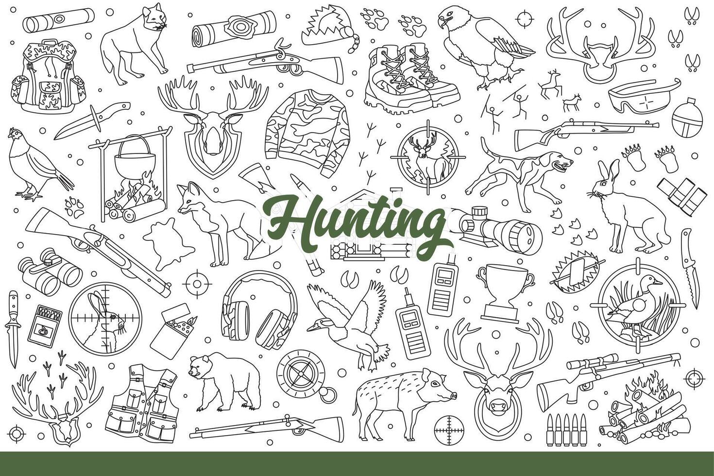 Hunting accessories and wild animals near guns for professional hunters. Hand drawn doodle. vector