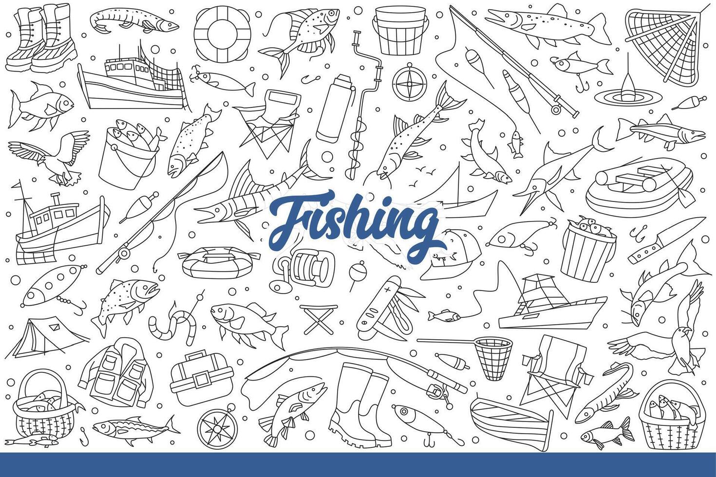 Fishing supplies and fish for fishermen interested in sportfishing. Hand drawn doodle. vector