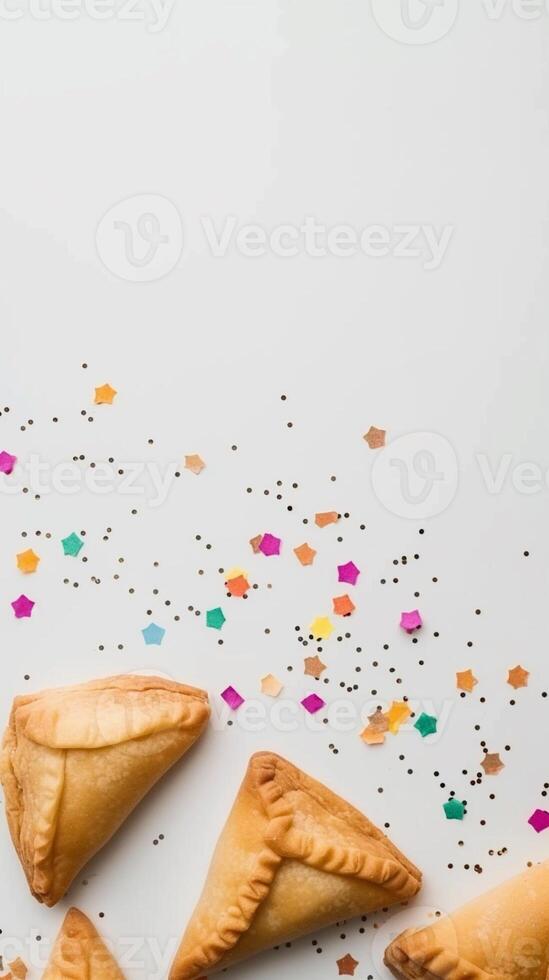Purim Triangular cookies with hamantasch or aman ears, colored candy for jewish holiday of purim celebration on blue paper background with space for text. Top view. photo