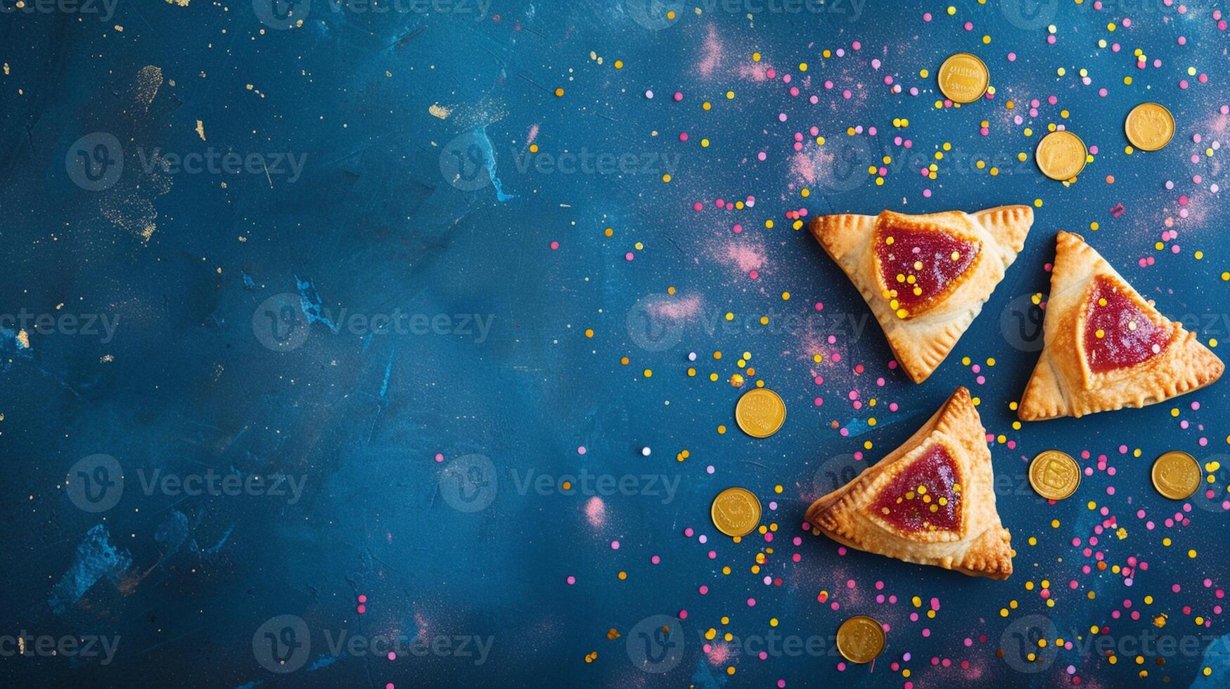 Purim Triangular cookies with hamantasch or aman ears, colored candy for jewish holiday of purim celebration on blue paper background with space for text. Top view. photo