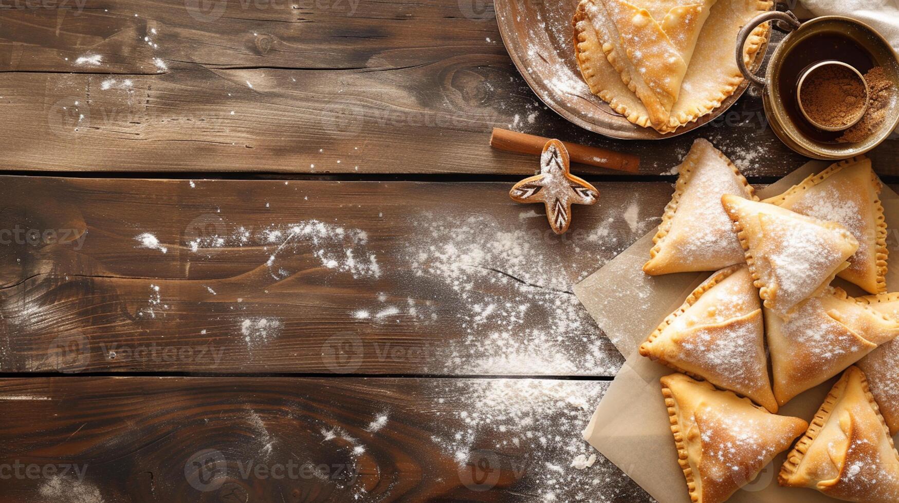 Purim Triangular cookies with hamantasch or aman ears, colored candy for jewish holiday of purim celebration on blue paper background with space for text. Top view. photo