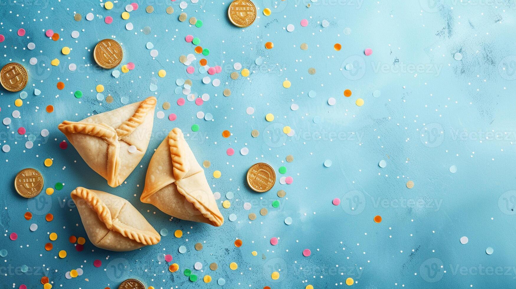 Purim Triangular cookies with hamantasch or aman ears, colored candy for jewish holiday of purim celebration on blue paper background with space for text. Top view. photo