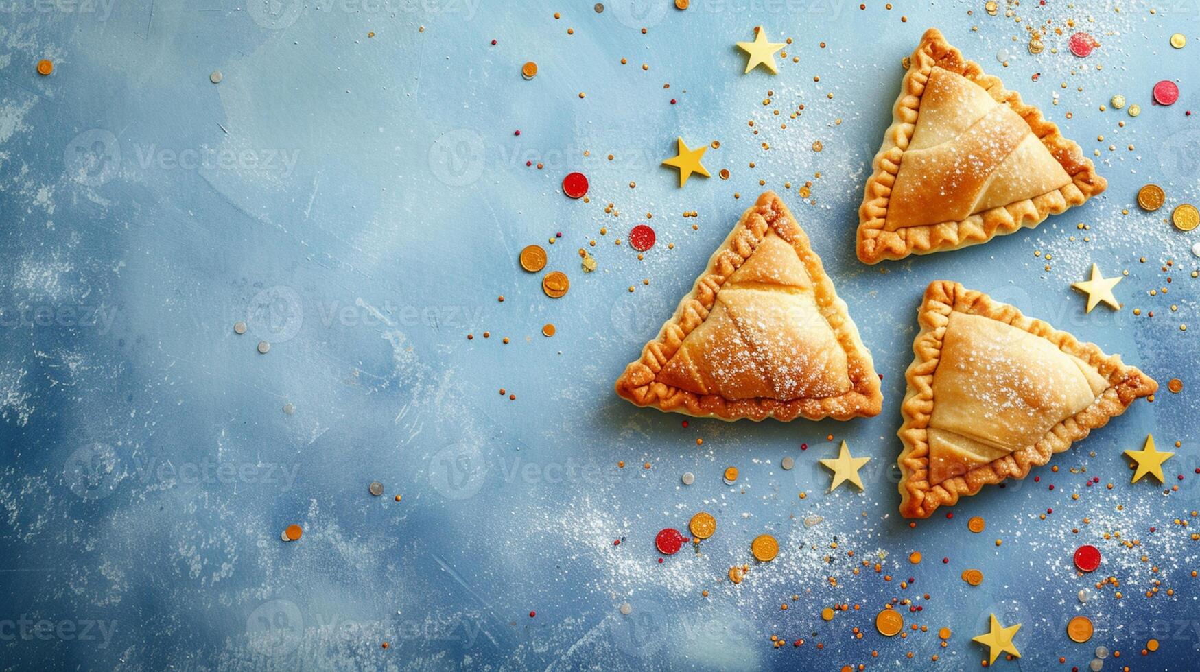 Purim Triangular cookies with hamantasch or aman ears, colored candy for jewish holiday of purim celebration on blue paper background with space for text. Top view. photo