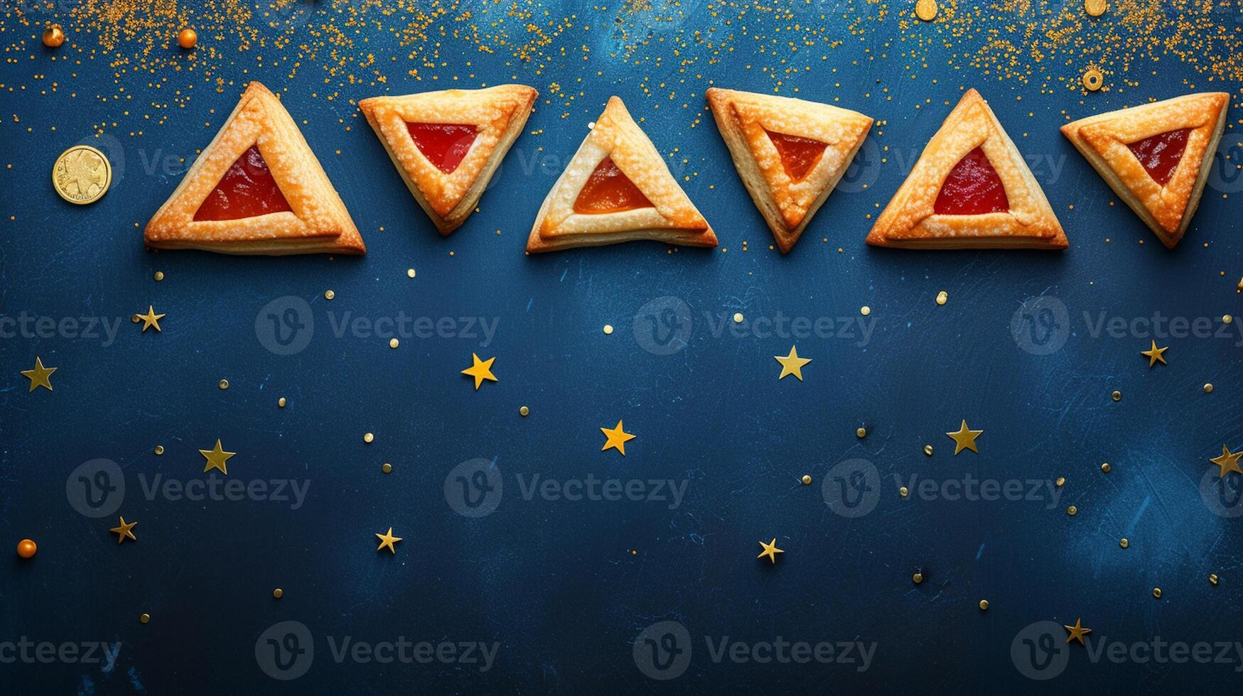 Purim Triangular cookies with hamantasch or aman ears, colored candy for jewish holiday of purim celebration on blue paper background with space for text. Top view. photo