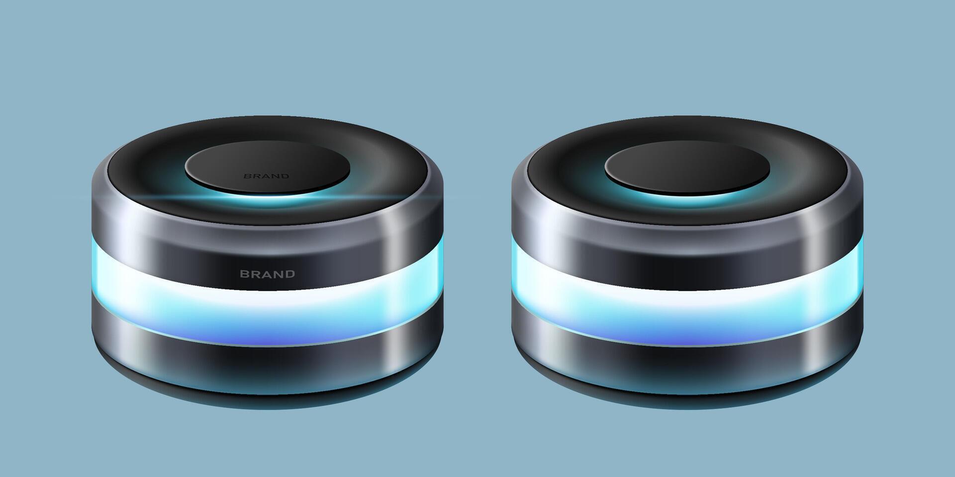 Bluetooth speaker mockups. Two 3D wireless speakers or home intelligent voice assistants being connected and activated isolated on blue gray background vector