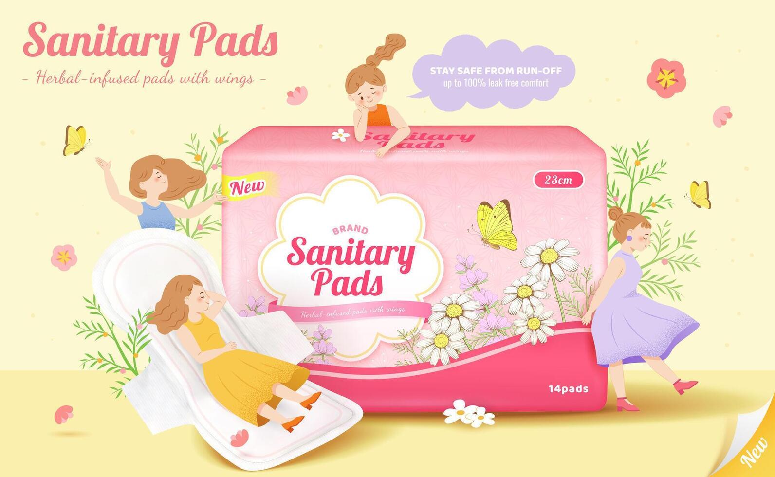 Sanitary pads promo ad. 3D Illustration of sanitary pad packages with flowers and miniature girls around, and one of them lying on a realistic sanitary pad with double wings on yellow background vector