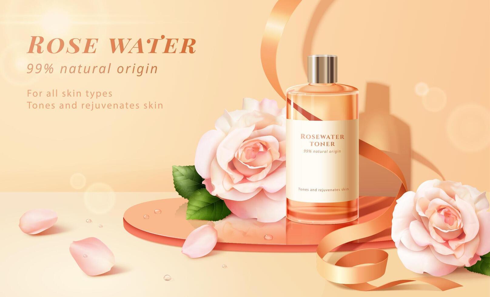 Rosewater toner cosmetic ad template. Cosmetic bottle on glass disk podium with pink rose flowers, petals and ribbon on beige background. 3D illustration. vector