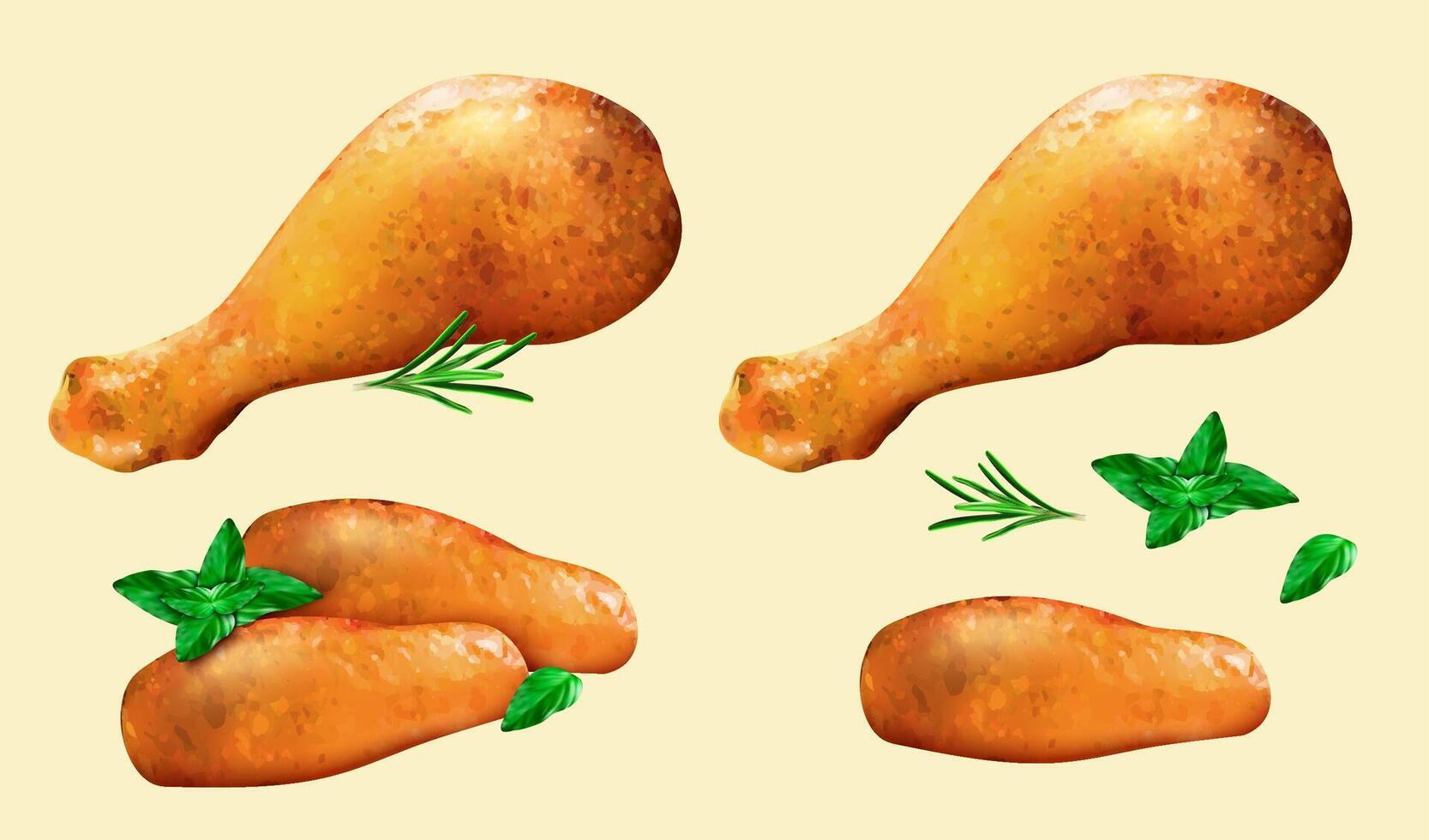 3D Roasted chicken legs and wings seasoned with rosemary, and mint leaves isolated on light orange background vector