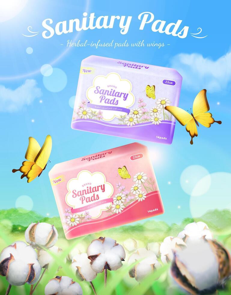 Sanitary pads ad. 3D Illustration of two sanitary pad packages floating over a cotton field on a sunny day with yellow butterflies flying through. Concept of soft textured pads with wings vector