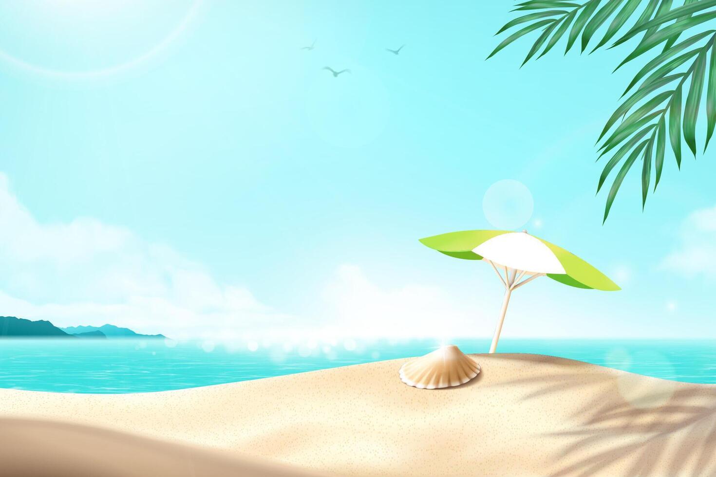 playa escena diseño para producto mostrar. verano playa escena con concha y sombrilla en 3d ilustración vector