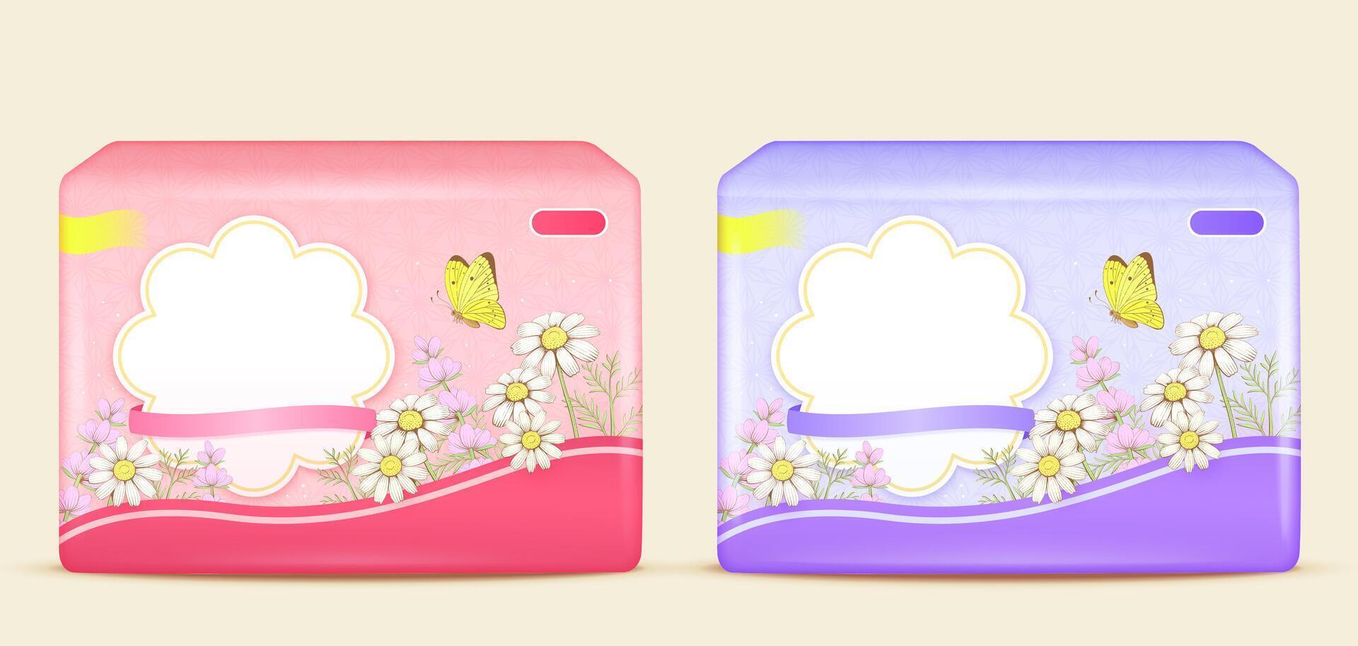 Realistic two sanitary pads packages with floral illustrations on the pack isolated on light yellow background vector