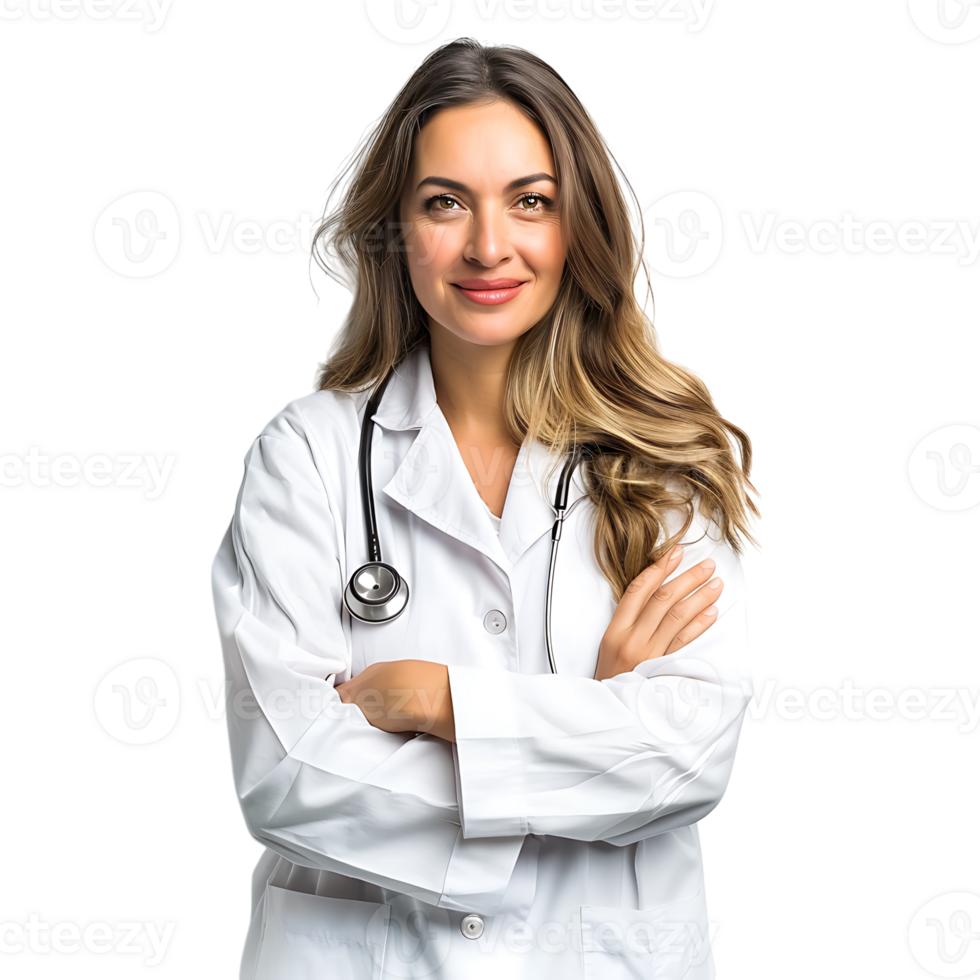 Doctor woman with stethoscope keeping the arms crossed on isolated transparent background png