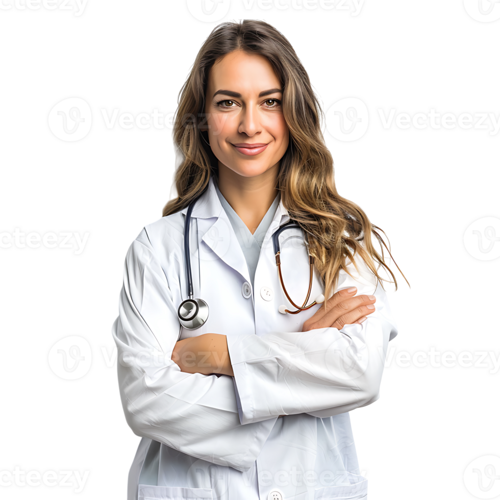 Doctor woman with stethoscope keeping the arms crossed on isolated transparent background png