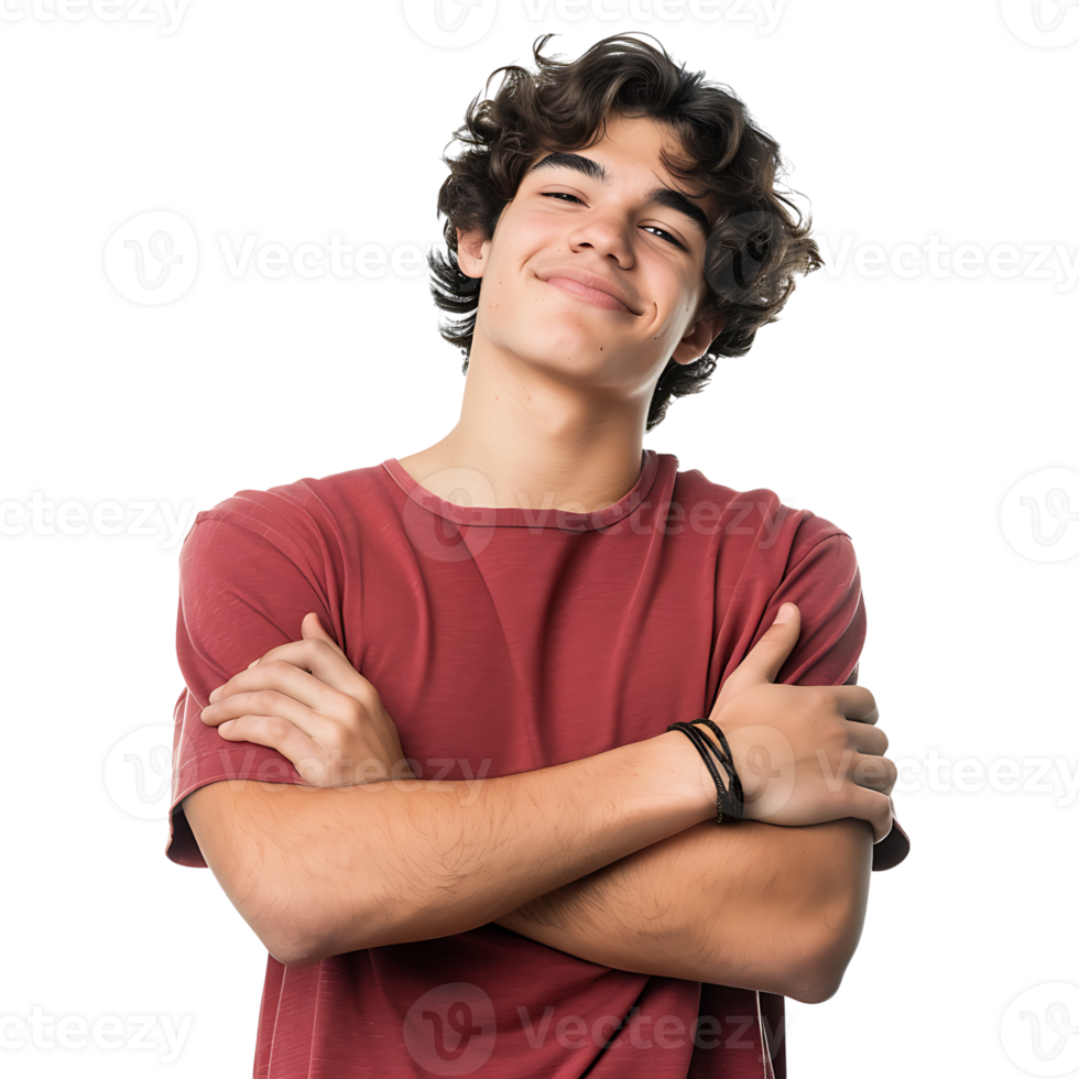 Satisfied young man with crossed arms gesture on isolated transparent background png