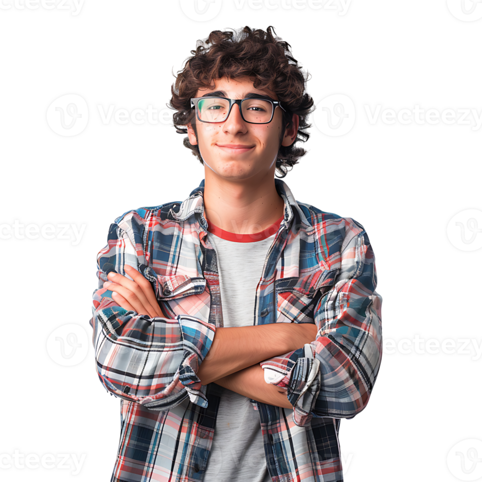 Satisfied young man with crossed arms gesture on isolated transparent background png