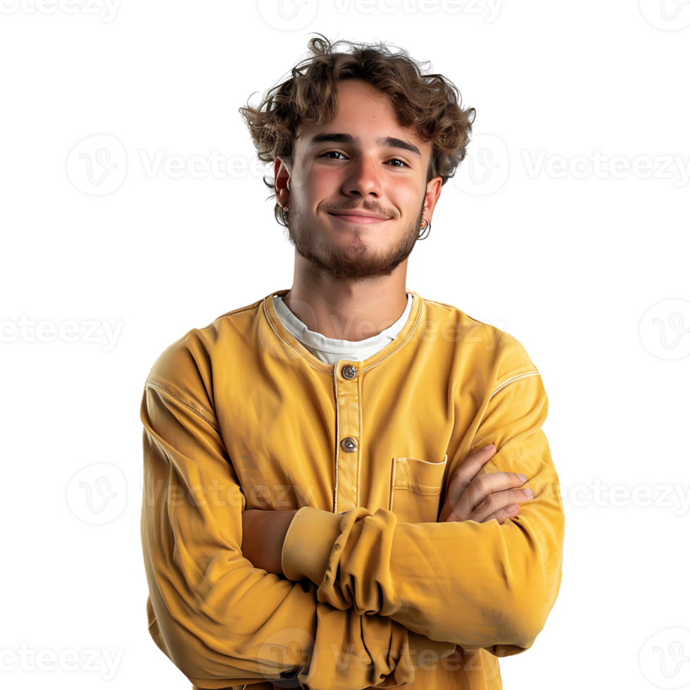 Satisfied young man with crossed arms gesture on isolated transparent background png
