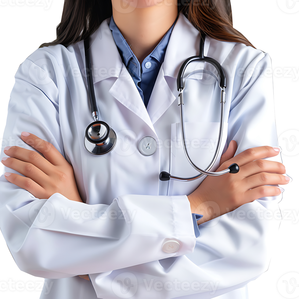 Doctor woman with stethoscope keeping the arms crossed on isolated transparent background png