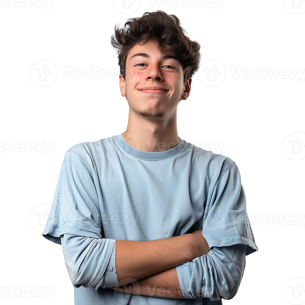 Satisfied young man with crossed arms gesture on isolated transparent background png