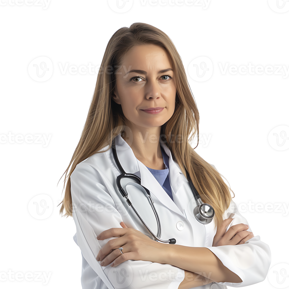 Doctor woman with stethoscope keeping the arms crossed on isolated transparent background png