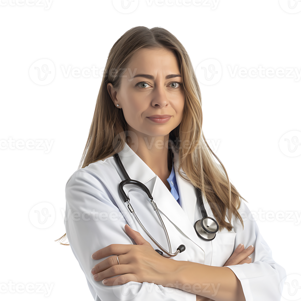 Doctor woman with stethoscope keeping the arms crossed on isolated transparent background png