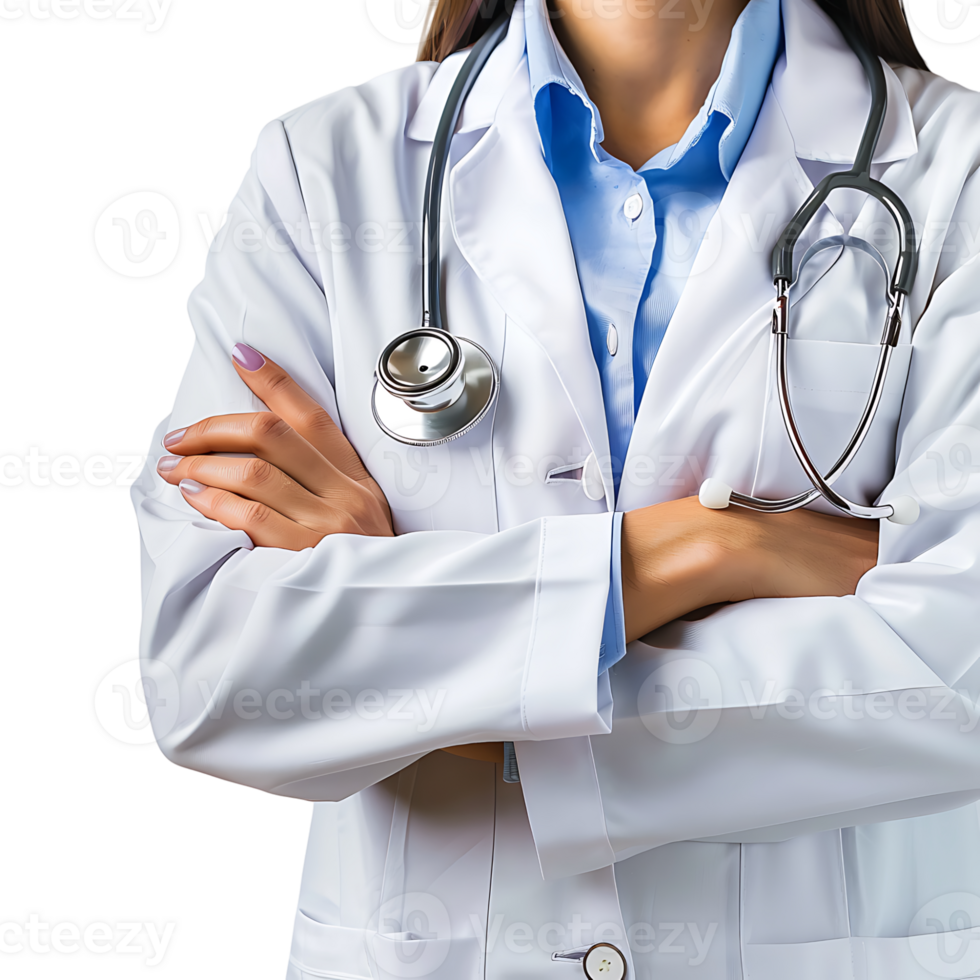 Doctor woman with stethoscope keeping the arms crossed on isolated transparent background png