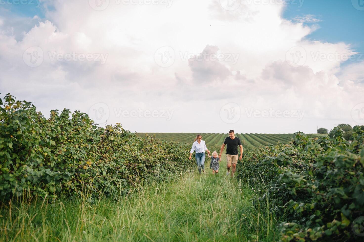 Happy family with little daughter spending time together in sunny field. photo