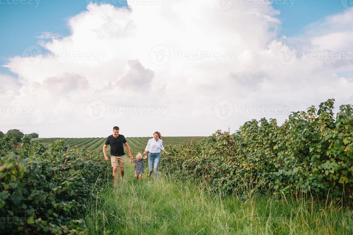 Happy family walking in the park. Mom, dad and daughter walk outdoors, parents holding the baby girl's hands. Childhood, parenthood, family bonds, marriage concept. photo